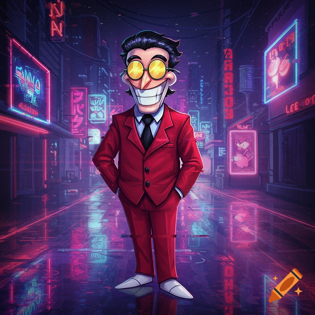A stylized cartoon character in a red suit and yellow-tinted glasses stands on a wet, neon-lit cyberpunk city street at night.