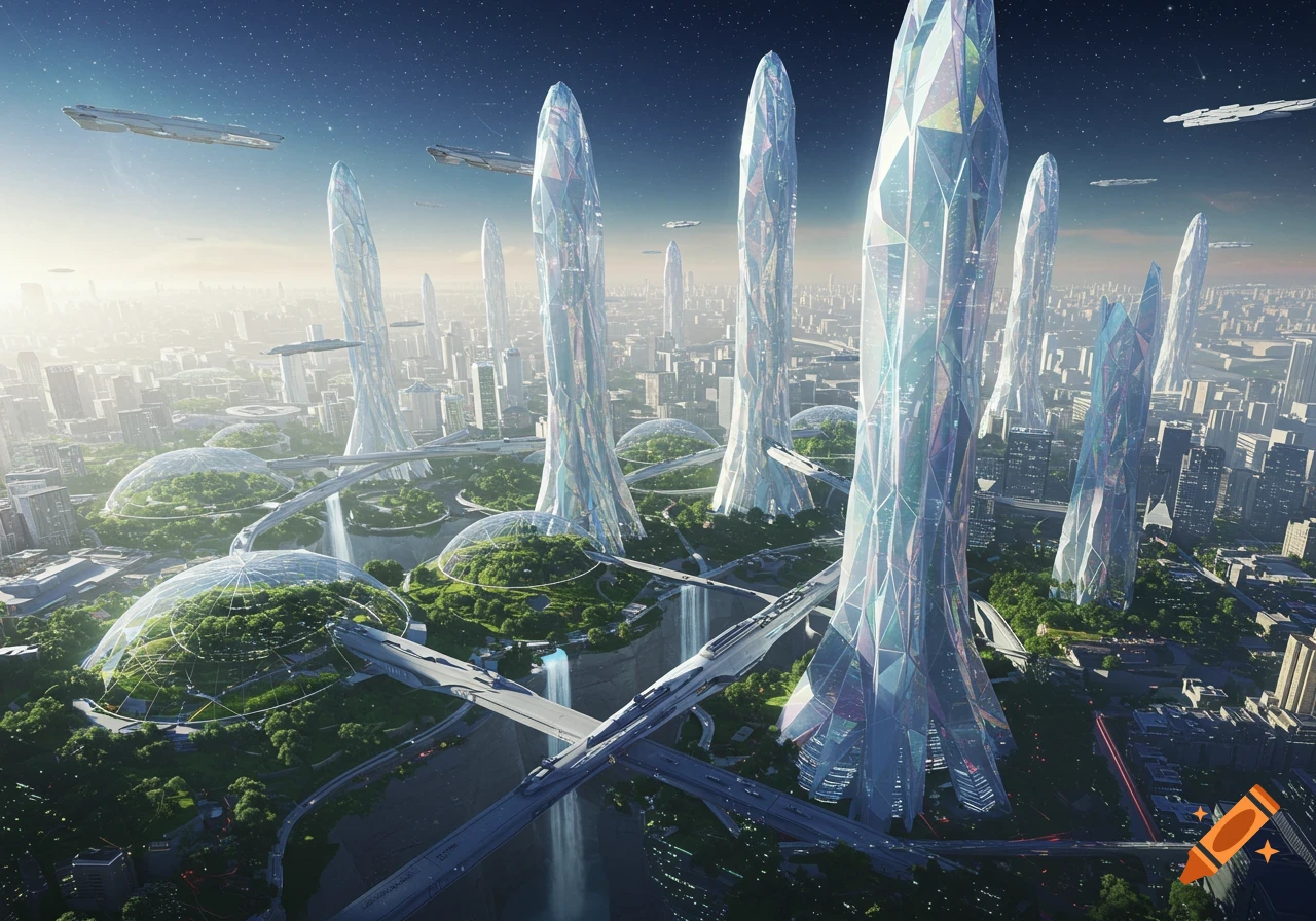 A sprawling futuristic city featuring towering crystalline skyscrapers, lush green elevated parks, futuristic roadways, and flying vehicles under a bright, starry sky.