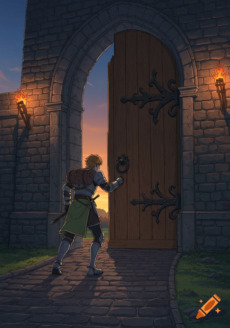 An anime-style knight in armor with a backpack stands on a stone path, knocking on a large wooden door set in a stone archway at sunset.