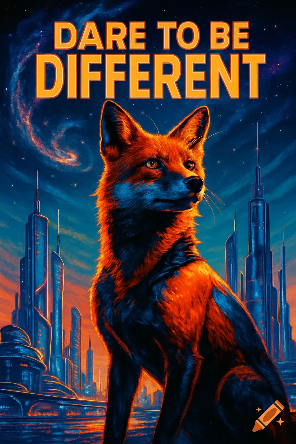 A vibrant movie poster featuring an anthropomorphic fox in a futuristic cityscape under a cosmic sky with the text 'DARE TO BE DIFFERENT'.