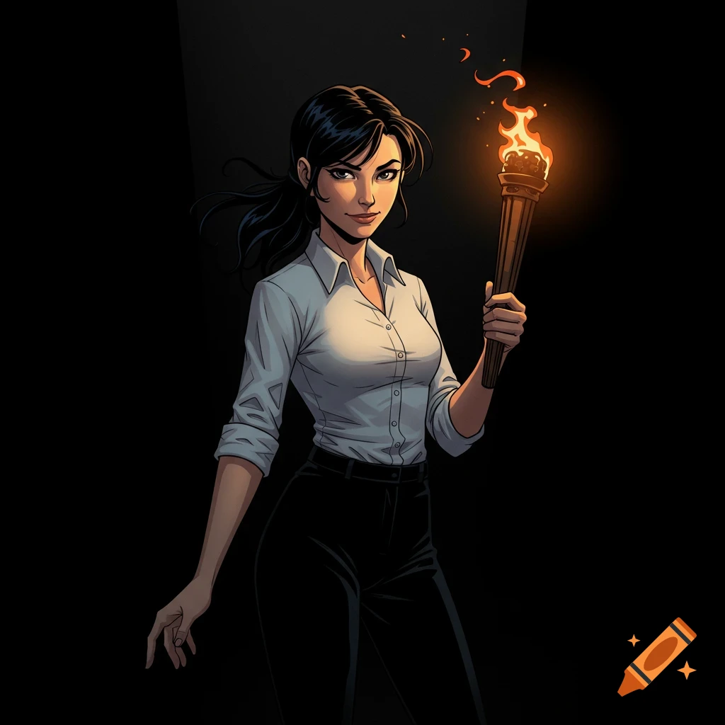Comic art of a young woman with a black messy ponytail, white shirt, and black pants, holding a lit torch against a black background. She has a sly expression.