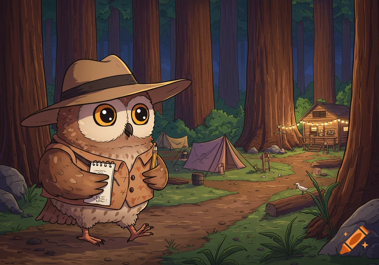A cartoon owl wearing a hat and vest walks through a redwood forest, holding a notepad and pencil. In the background are tents and a lit cabin.