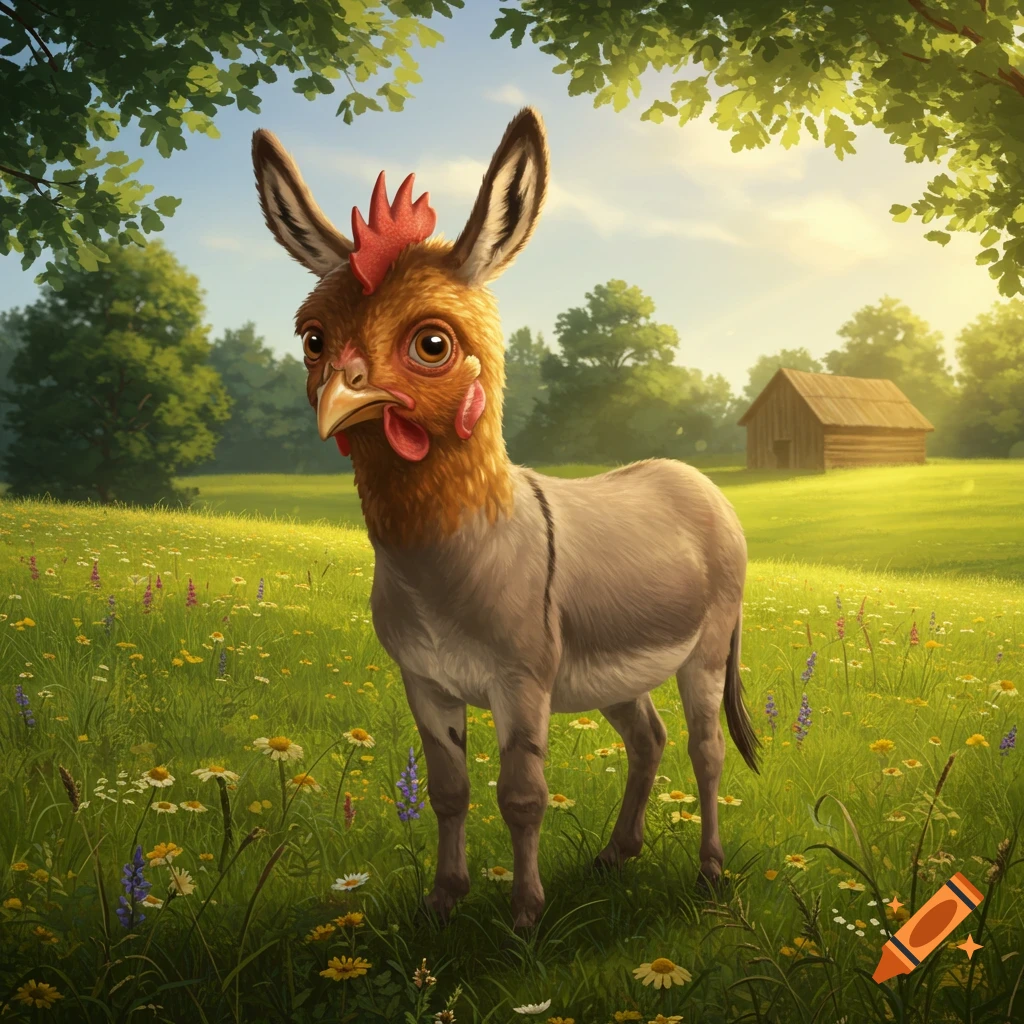 A hybrid creature with a chicken head and donkey body stands in a sunny, wildflower-filled green field with trees and a barn.