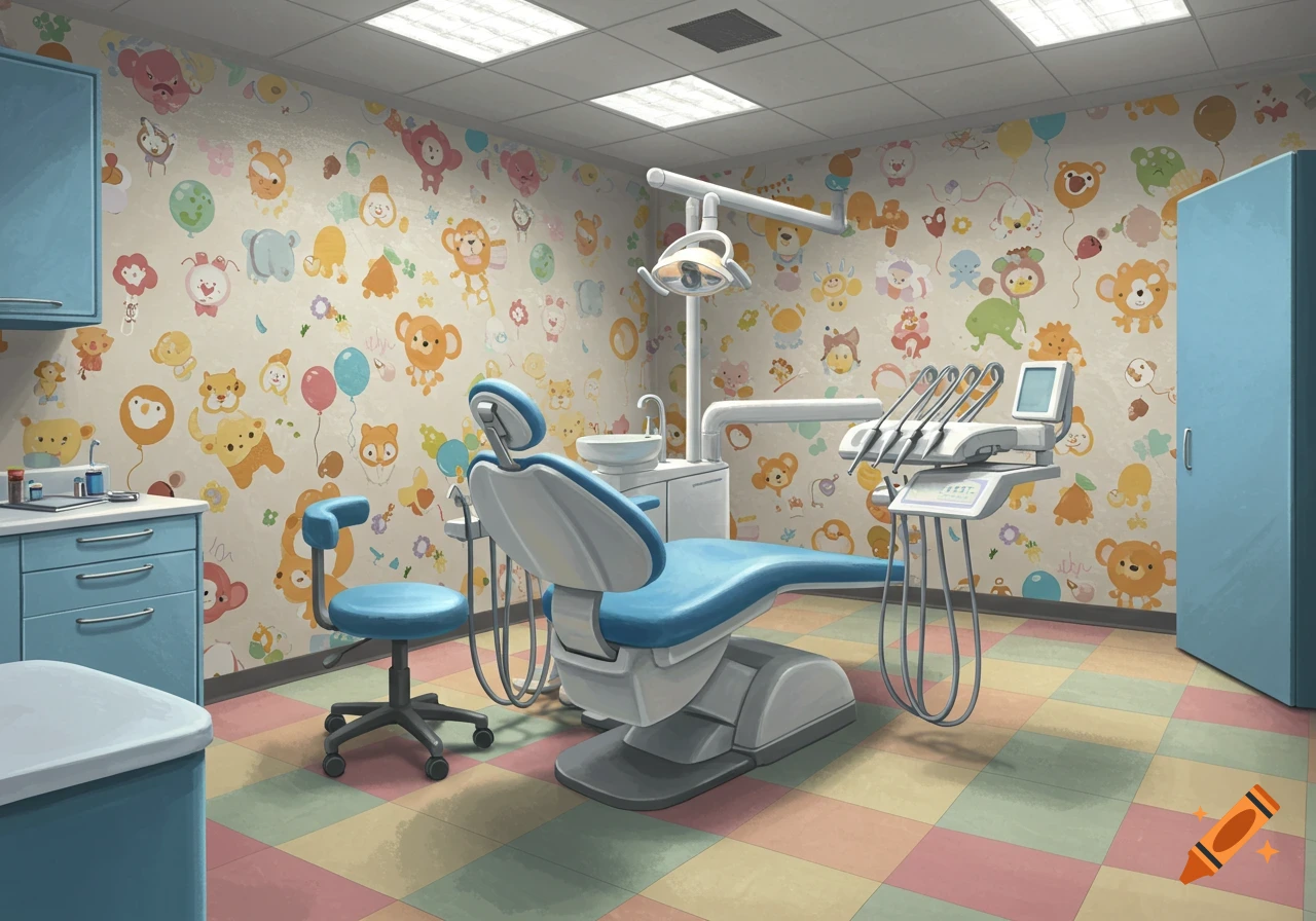 A cartoon dental examination room with colorful animal wallpaper, a blue dental chair, and medical equipment.