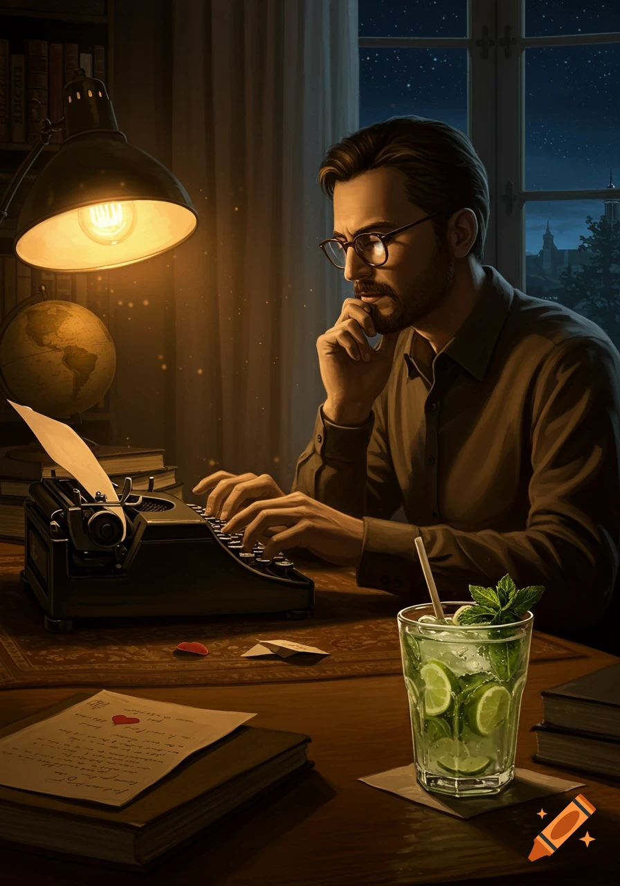 A man with glasses types a love letter on a typewriter at a desk at night, with a mojito nearby.