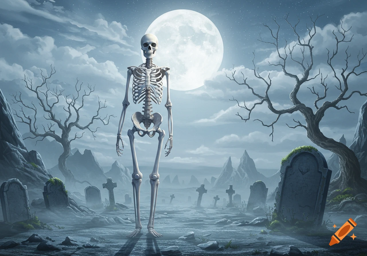 A skeletal figure stands upright in a misty graveyard with bare trees and numerous tombstones under a bright full moon.