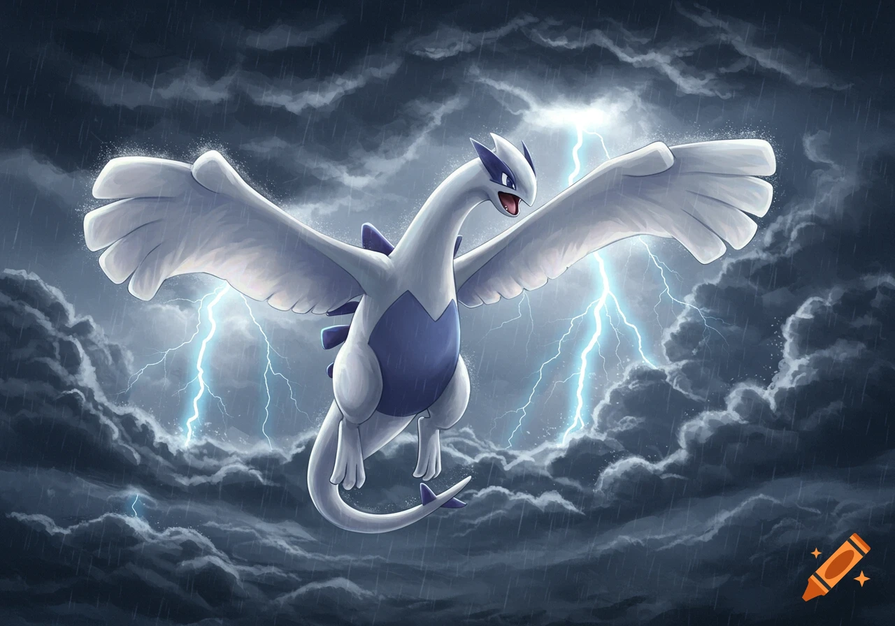 Lugia, a large white and blue dragon-like Pokemon, flies through a dark stormy sky with lightning bolts.