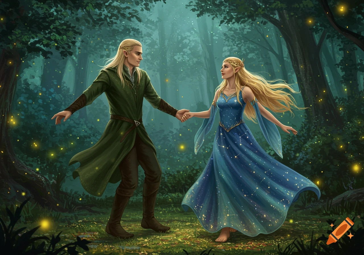 Two blonde elves, a male and a female, in ornate attire, holding hands and dancing in a magical forest lit by fireflies.