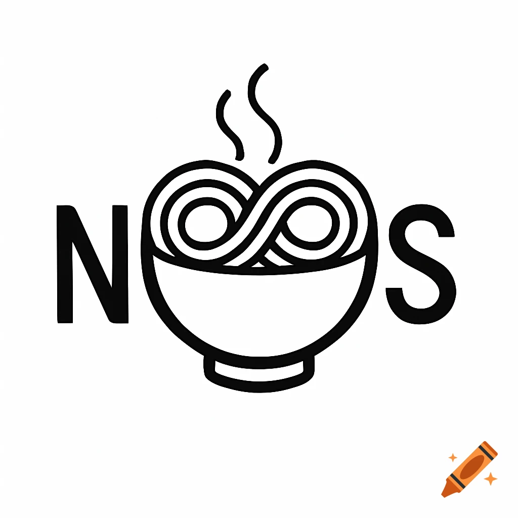 Black and white logo of the word 'Noods' with noodles forming a heart shape in a bowl between the letters 'N' and 'S'.