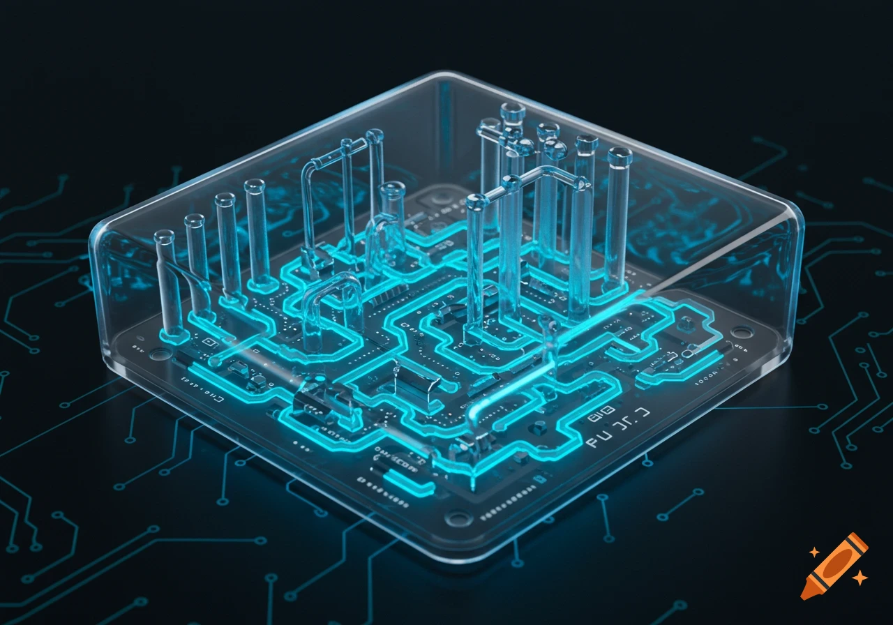 A transparent cube showcasing glowing blue microfluidic or electronic circuitry and tubes on a dark background.