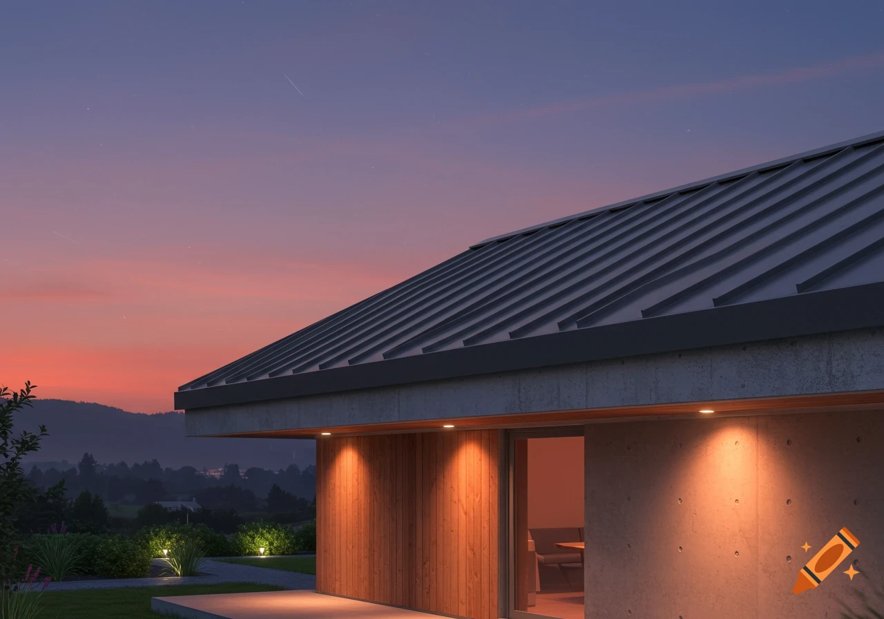 A modern house with a shed roof and warm exterior lights against a gradient dusk sky with distant mountains.