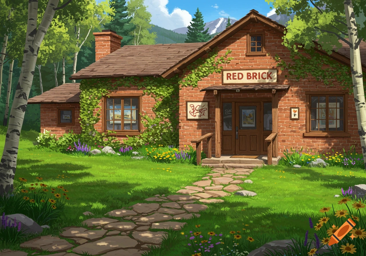 An idyllic illustration of a red brick art gallery with a sign reading 'RED BRICK', surrounded by lush green grass, trees, and distant mountains.