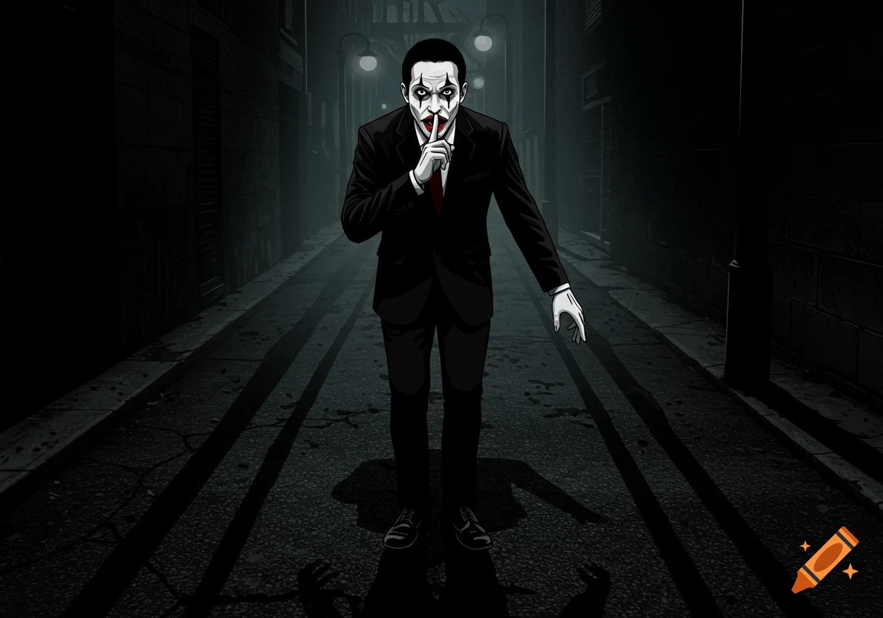 A scary vector art mime in a business suit stands in a dark alley, holding a finger to his lips.