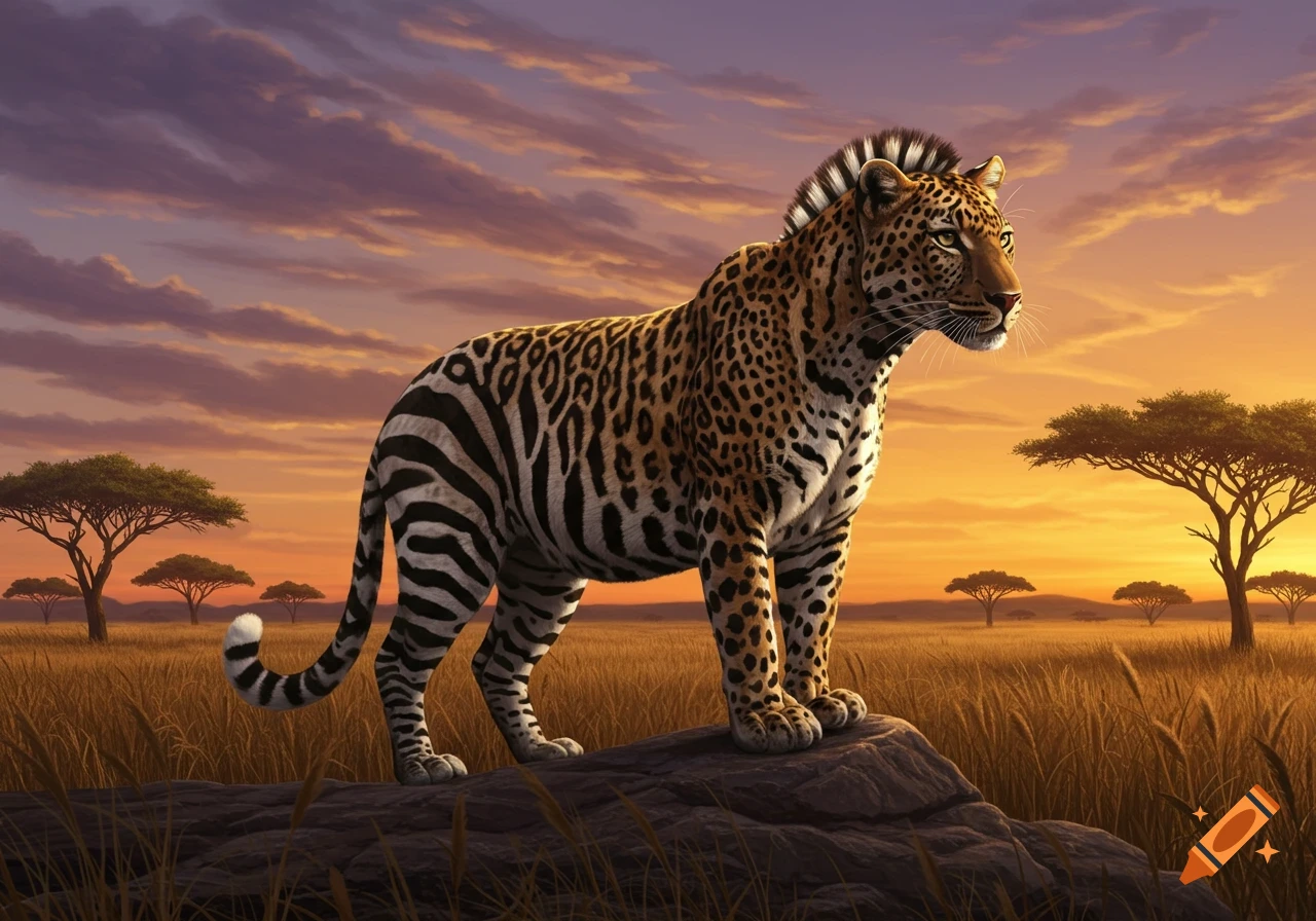 A hybrid leopard-zebra creature stands on a rock in a savanna landscape at sunset with acacia trees. Photorealistic style.