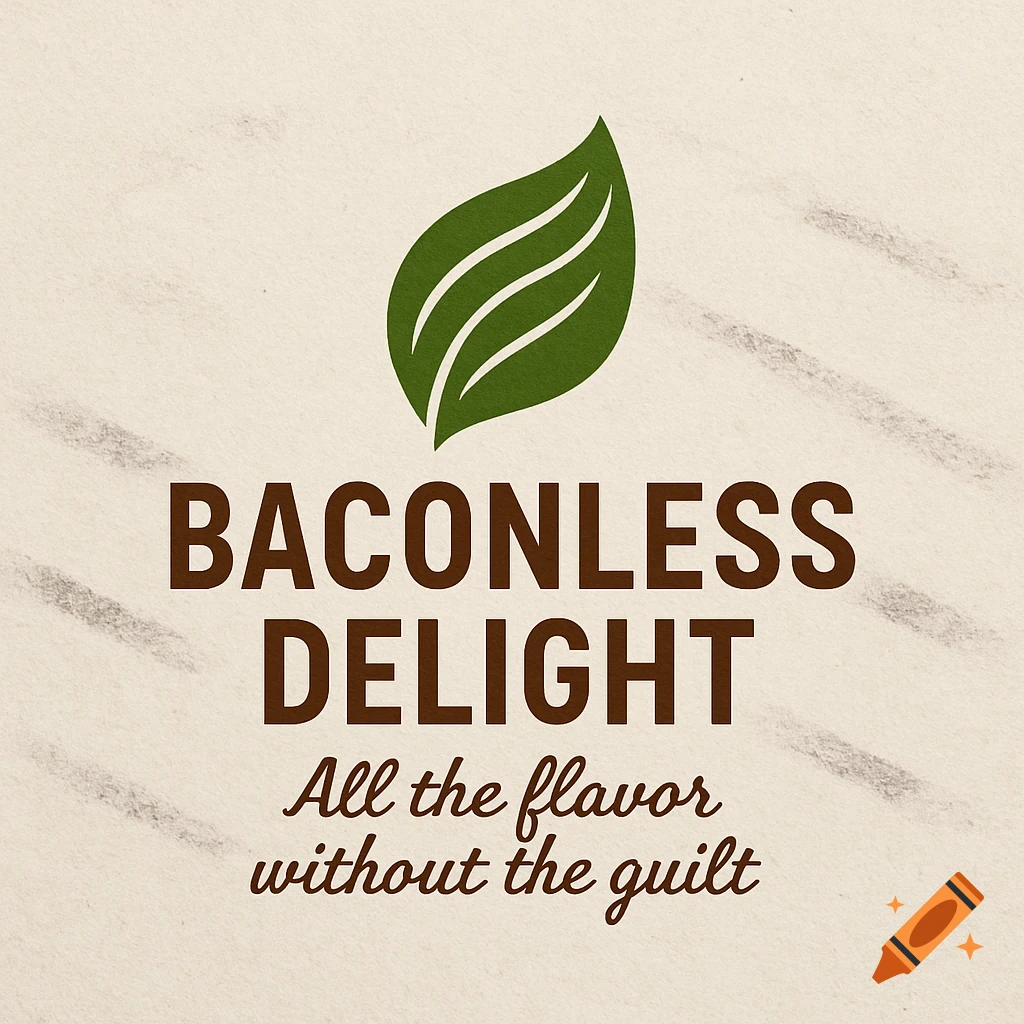 Logo with a green leaf, text 'BACONLESS DELIGHT' and 'All the flavor without the guilt' on a textured beige background.