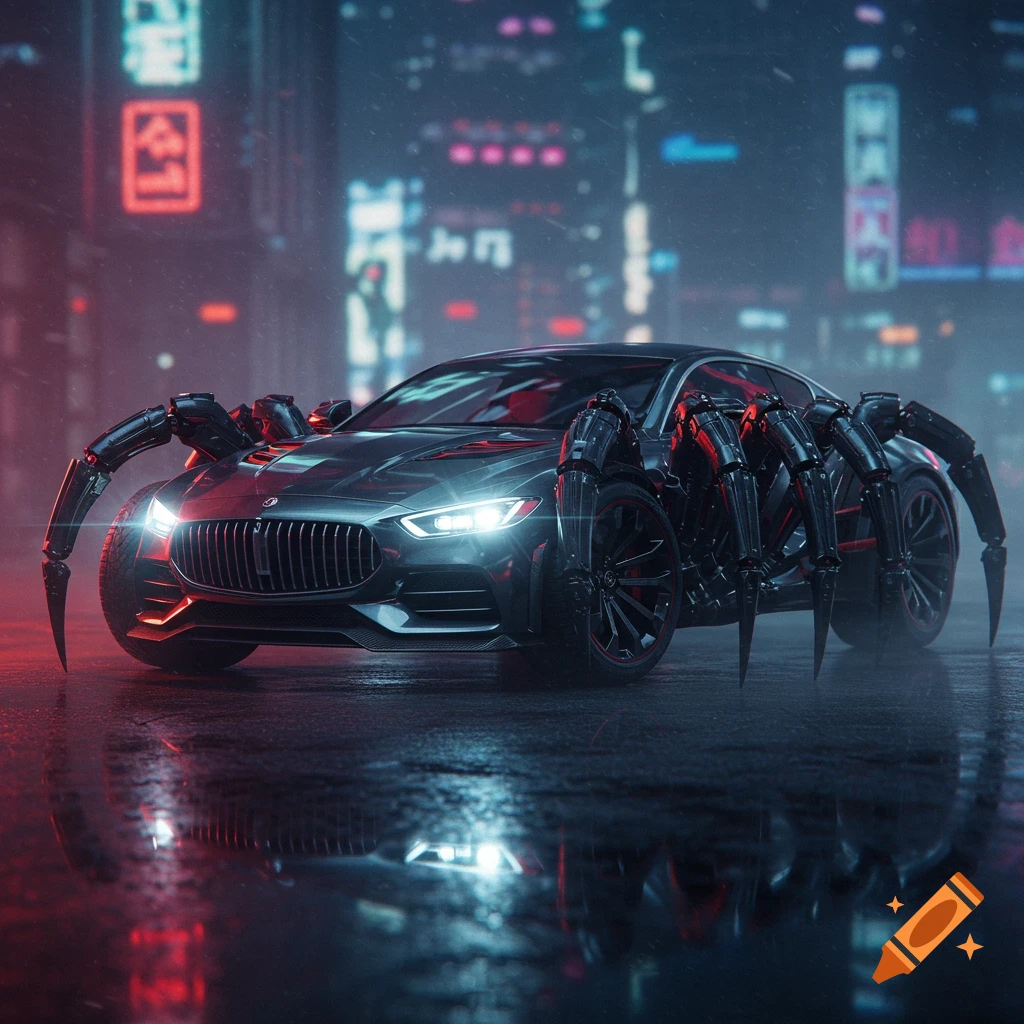 A sleek, dark futuristic car with black spider-like legs in a rainy cyberpunk city at night, lit by neon signs.