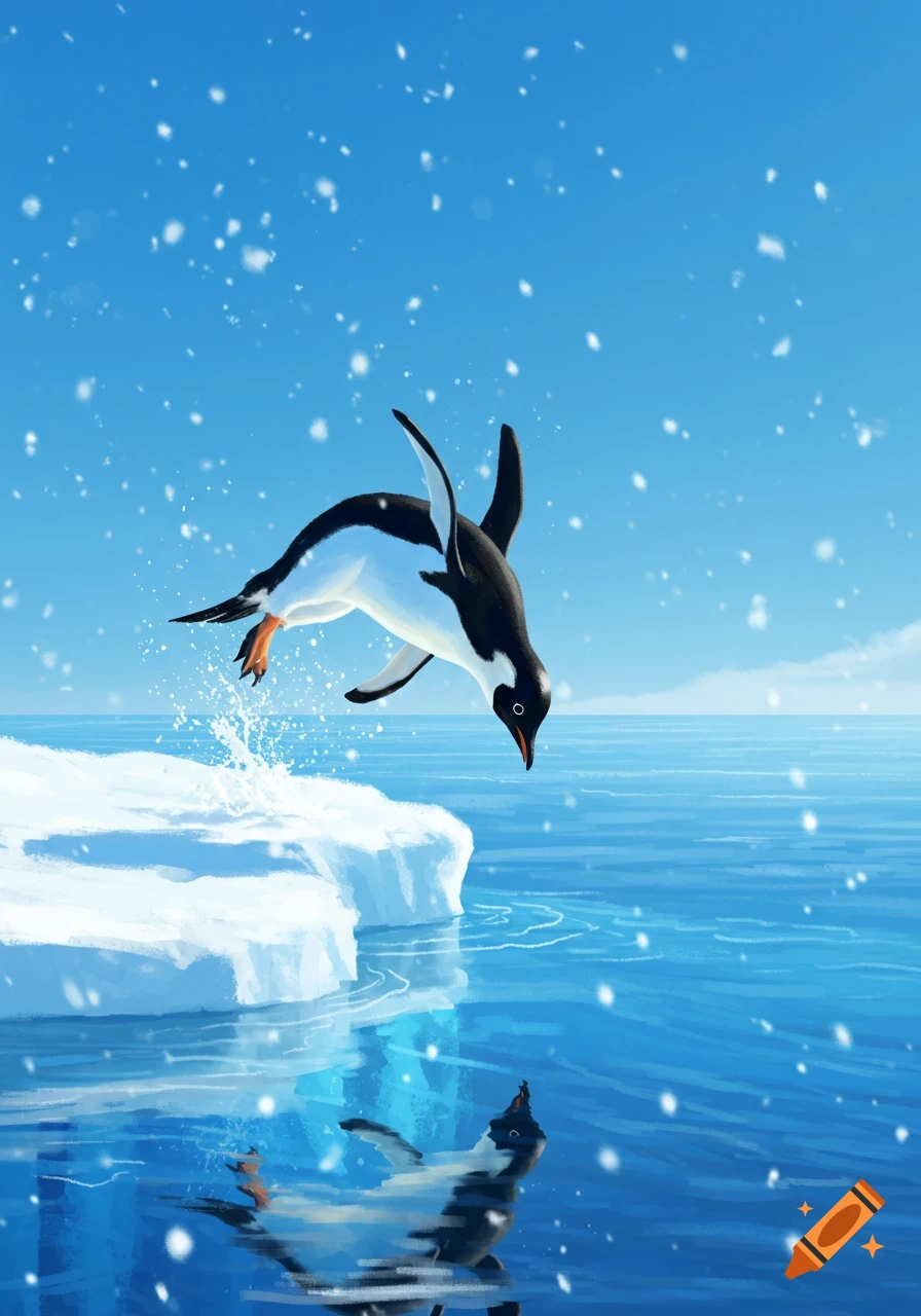 An illustrated penguin leaps headfirst off a white ice floe into blue water with snow falling.