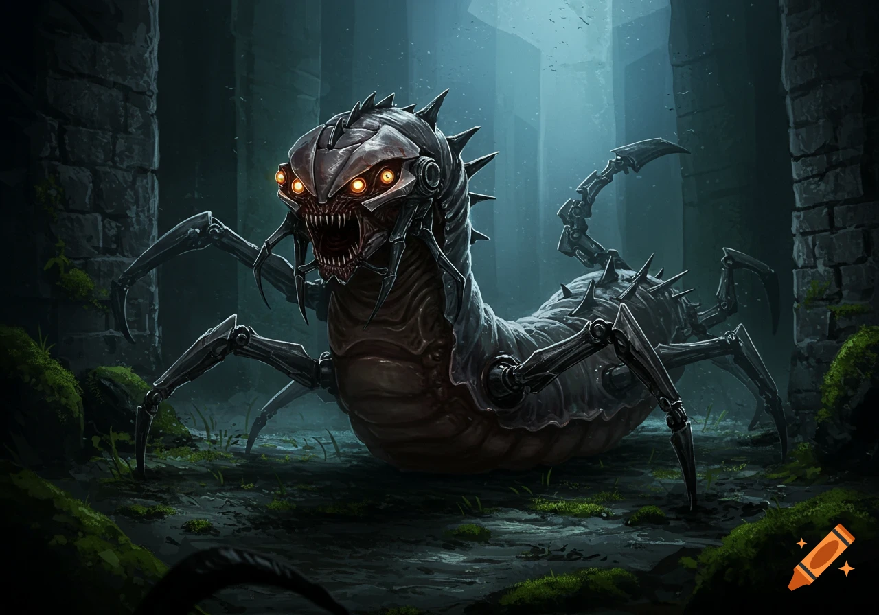 Illustration of a menacing biomechanical creature with glowing orange eyes and sharp teeth, standing in a dark, mossy, ruined corridor.