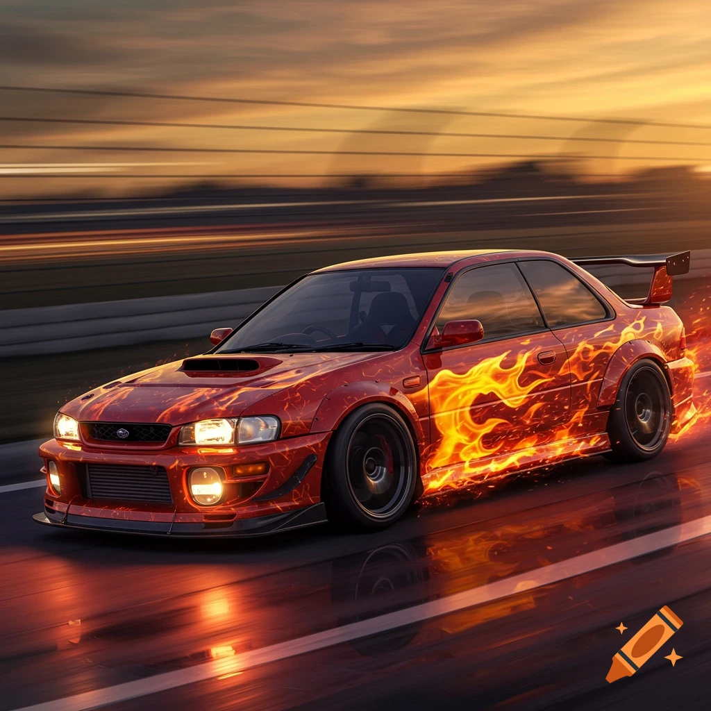 A red Subaru Impreza with a fiery flame design speeds down a road at sunset, motion blur in the background.