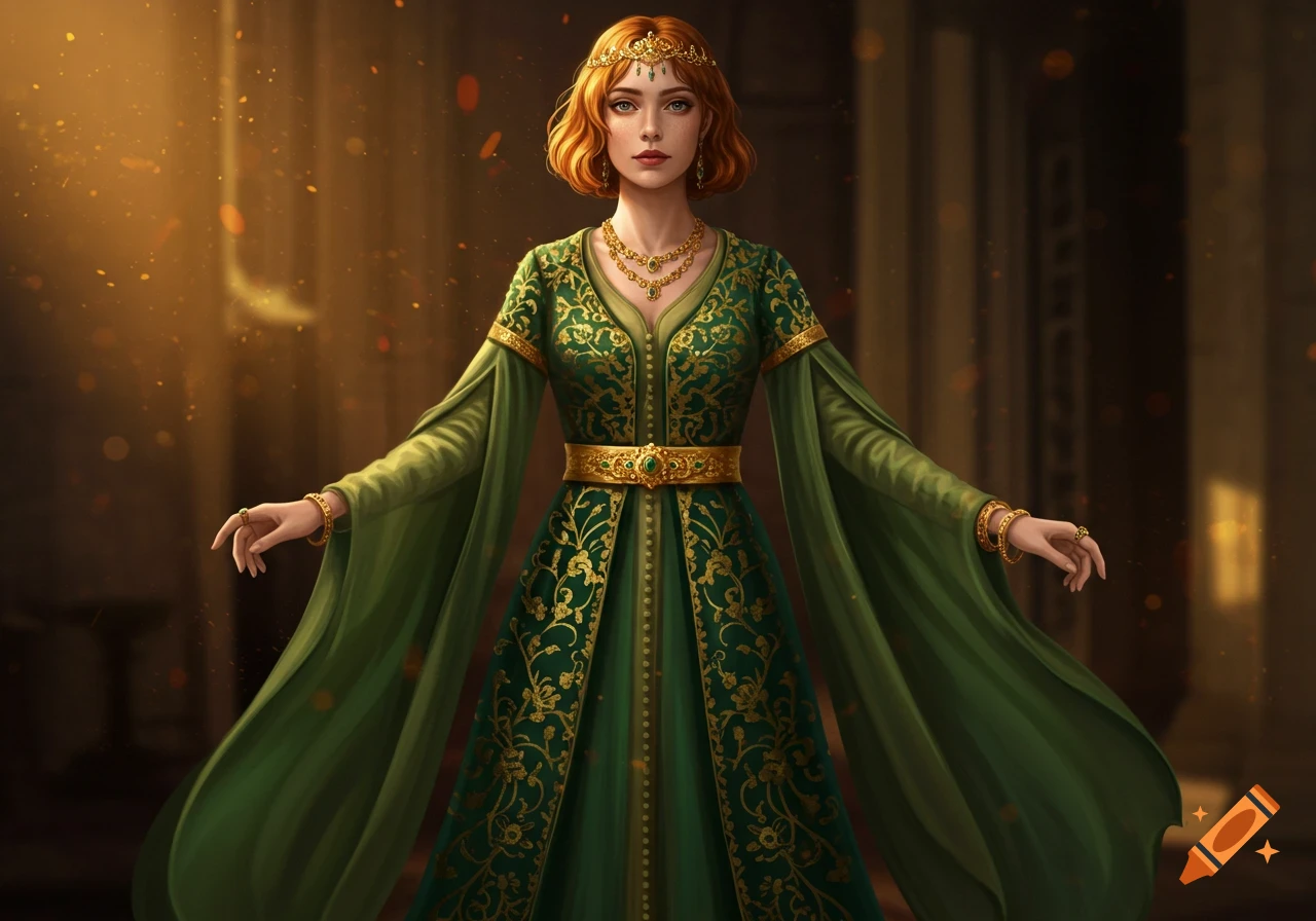 A young woman with reddish-brown hair in a green and gold Middle-Eastern inspired gown, adorned with jewelry, stands in a dimly lit hall.