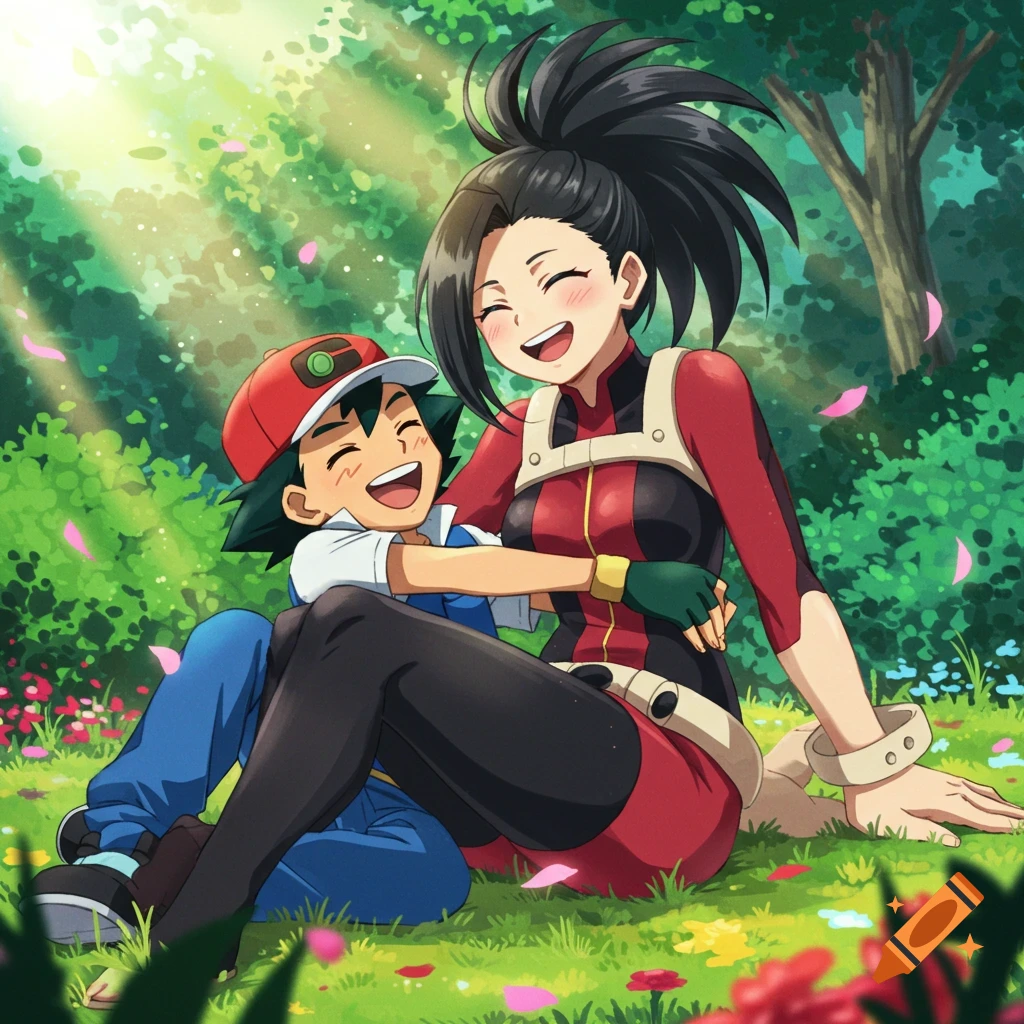 Anime drawing of Ash Ketchum sitting on Momo Yaoyorozu's lap, both laughing and hugging in a sunny forest with falling petals.