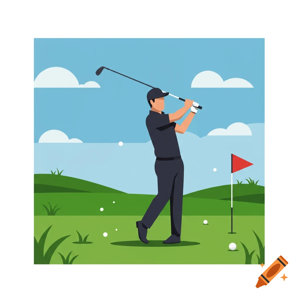 An illustration of a golfer in a dark outfit mid-swing on a green golf course under a blue sky.