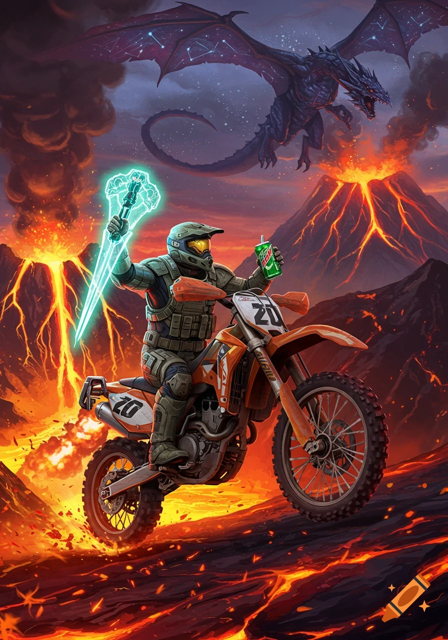 Master Chief on a dirtbike holds an energy sword and Mountain Dew, escaping a space dragon and erupting volcanoes in a cartoonish, realistic style.