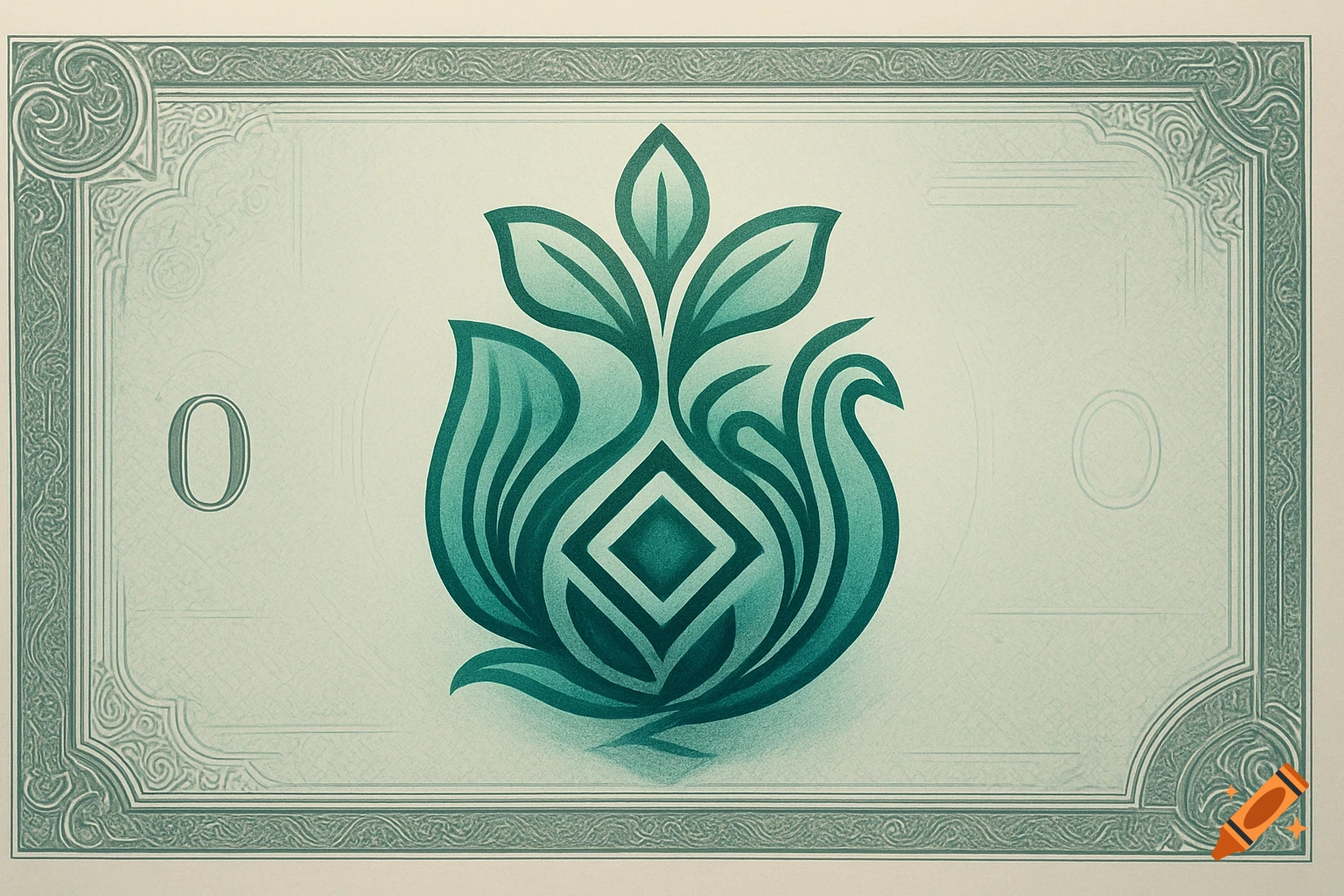 A green and white banknote design with an abstract teal symbol and a numerical '0'.