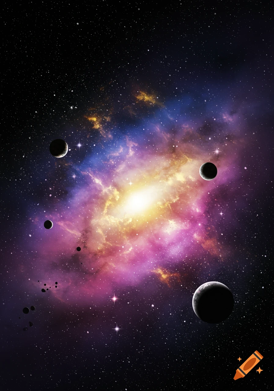 A vibrant nebula in space, glowing with pink, purple, blue, and yellow hues, surrounded by multiple dark planets and countless stars.