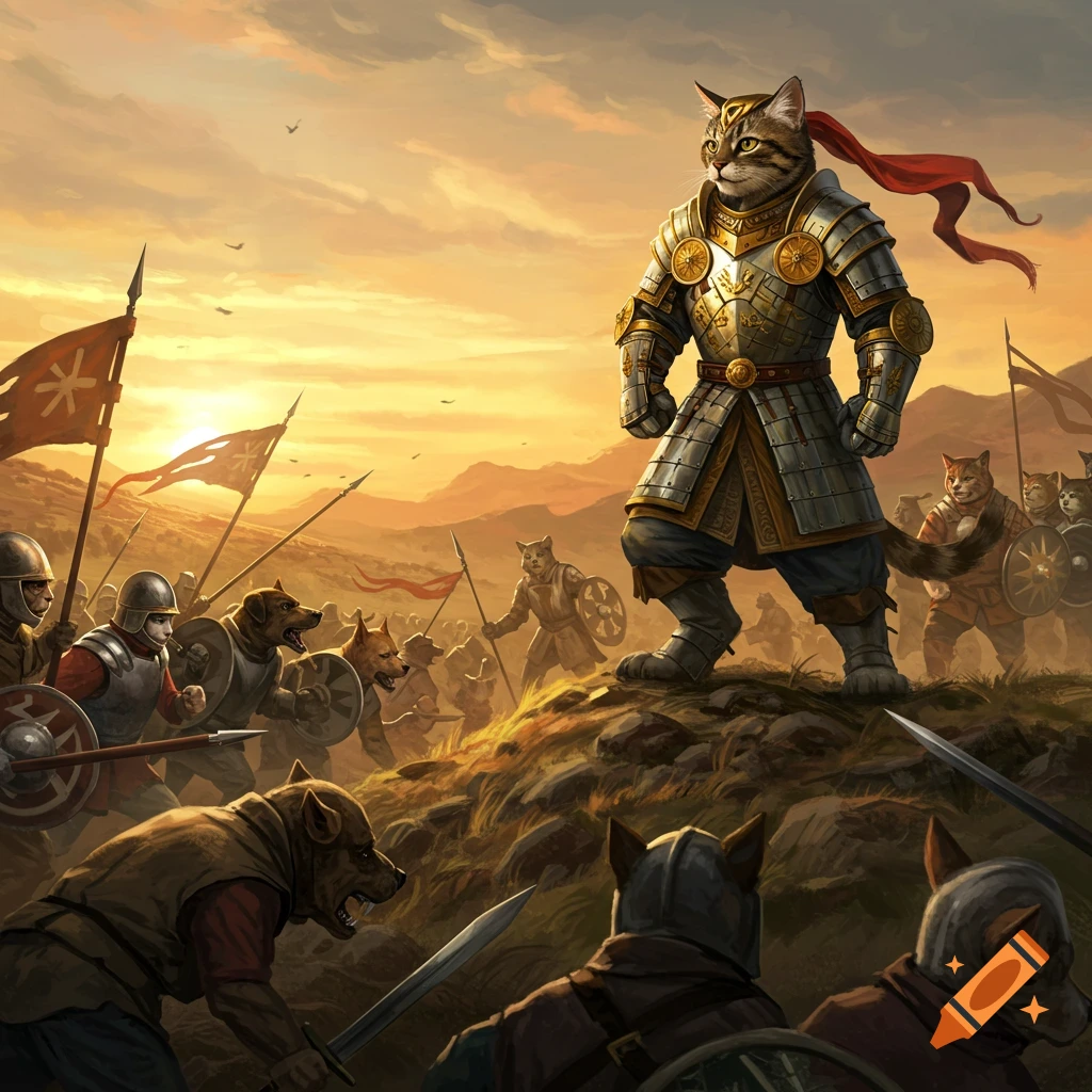A powerful anthropomorphic cat general in golden armor leads a cat army into battle against a dog army at sunset.