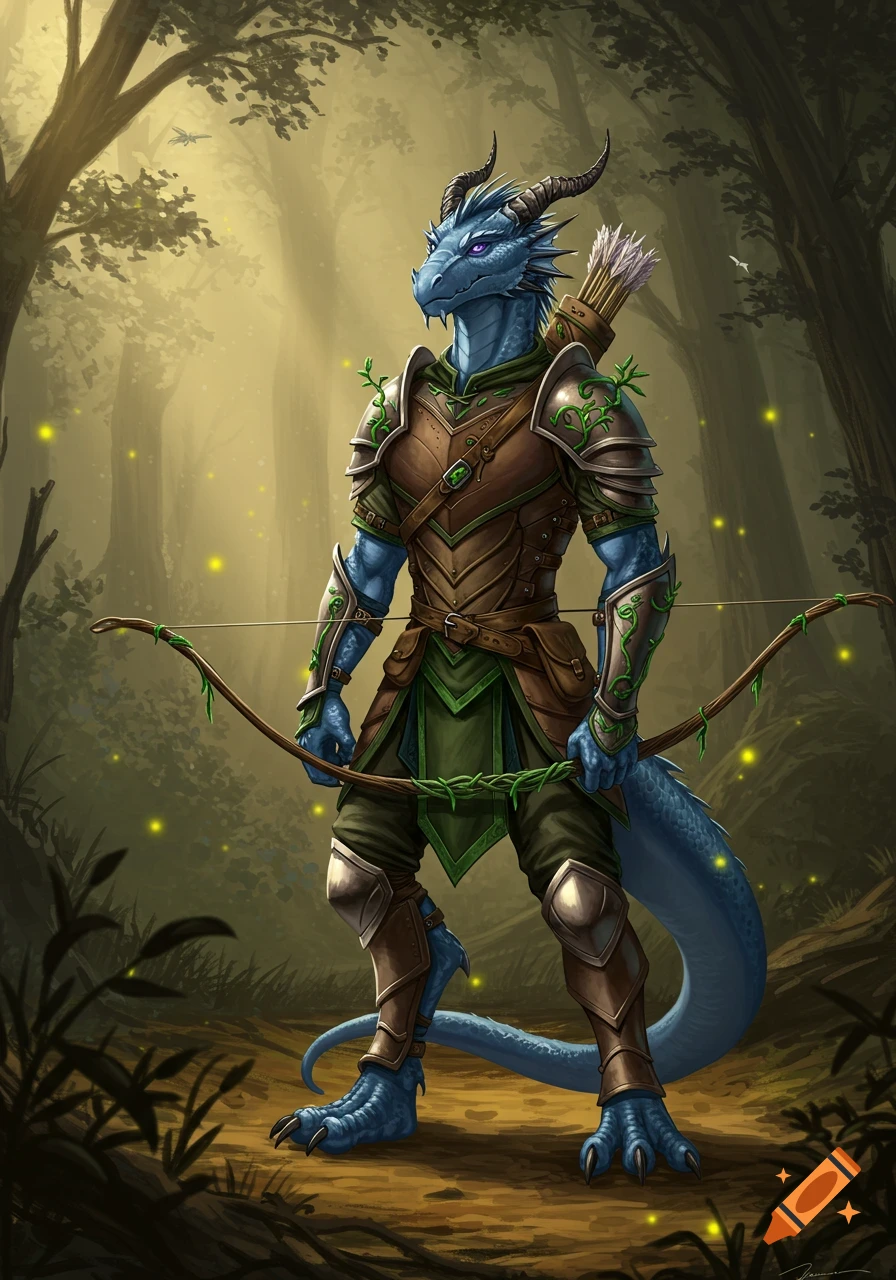 A blue dragonborn ranger in intricate armor stands in an enchanted forest, holding a wooden bow.
