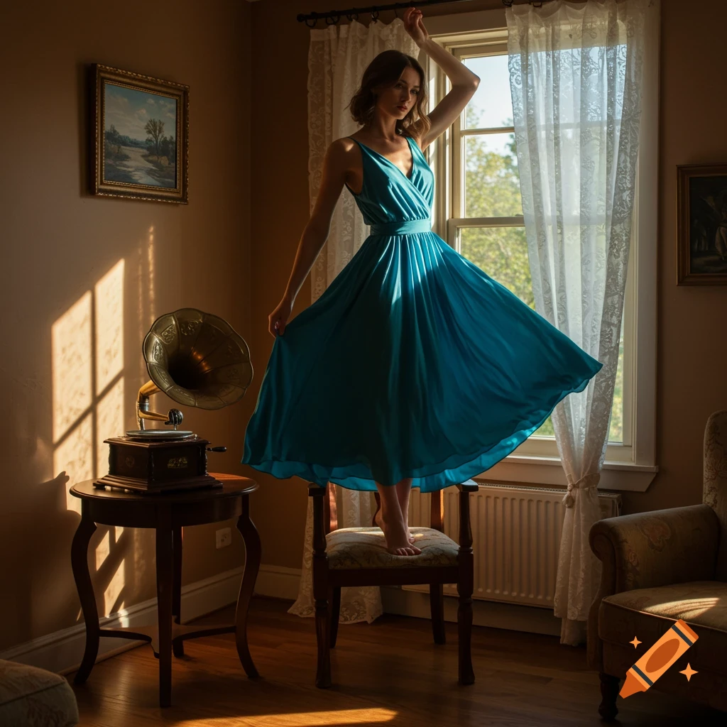 A woman in a flowing blue dress stands barefoot on a chair by a sunlit window. A vintage gramophone is on a table nearby.