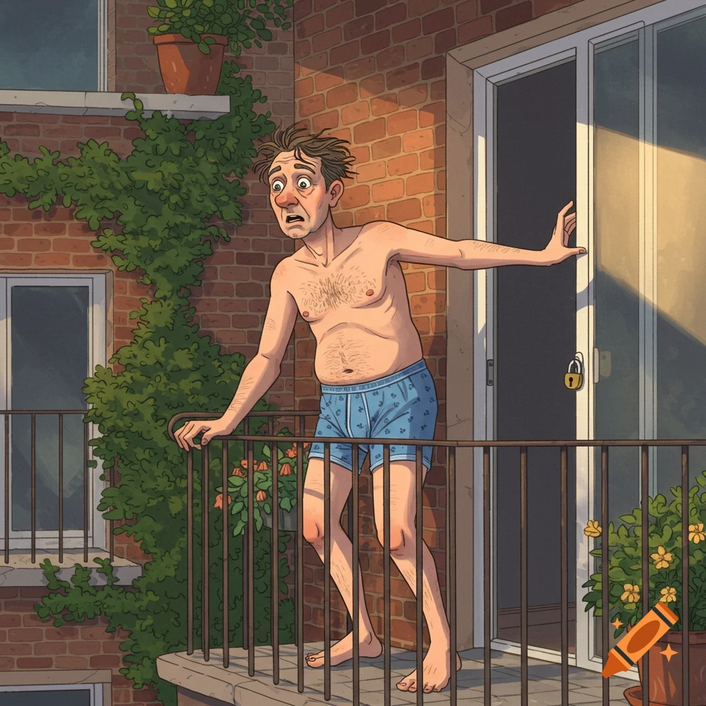 A worried, bare-chested cartoon man in blue boxer shorts stands on a brick balcony, looking shocked at a locked door beside him.