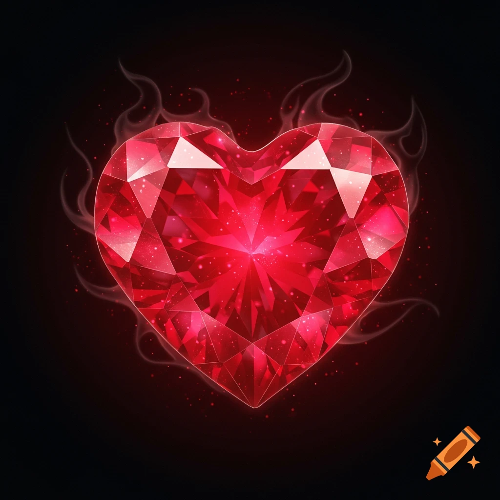 A glowing red faceted heart-shaped gemstone with smoky tendrils on a dark background in a drawn style.