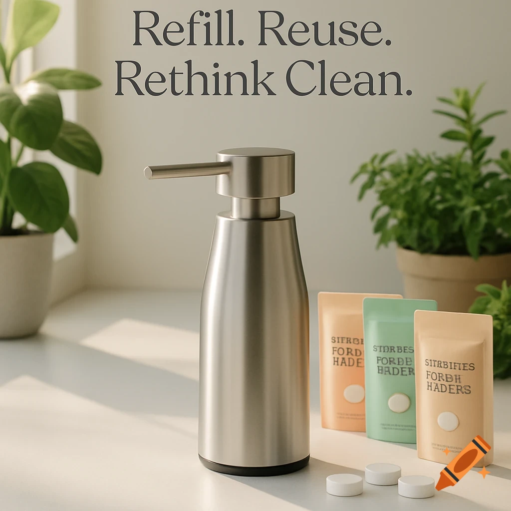 A sleek stainless steel soap dispenser on a clean countertop with pastel-colored concentrated refill tablets and three white refill pucks. Potted plants are in the background.