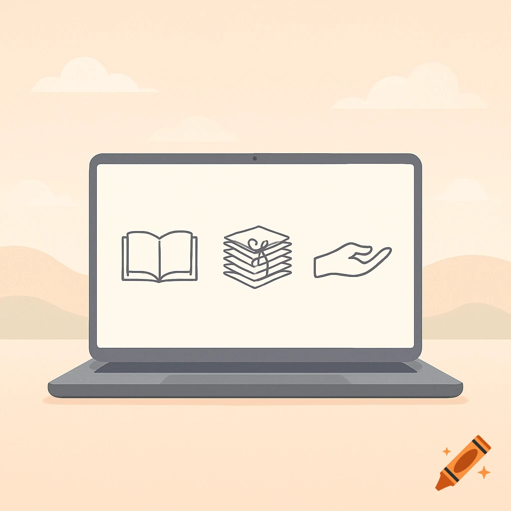 Minimalist illustration of a laptop showing icons for an open book, a stack of papers with a ribbon, and an open hand.