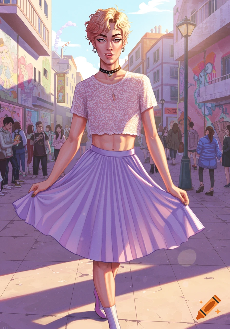 An anime-style person with short blonde hair and a choker stands in a pink lace crop top and purple pleated skirt, holding the skirt edges, on a sunny urban street with murals.