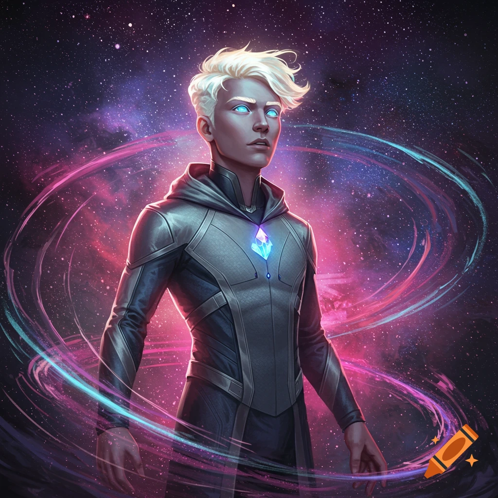 A young man with white hair and glowing blue eyes in a futuristic suit stands amidst swirling cosmic energy and stars.
