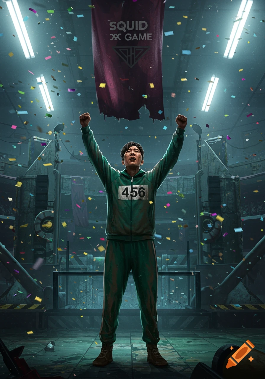 Man in green tracksuit with "456" raising arms in victory amidst falling confetti in a dark, industrial arena with a "SQUID GAME" banner.