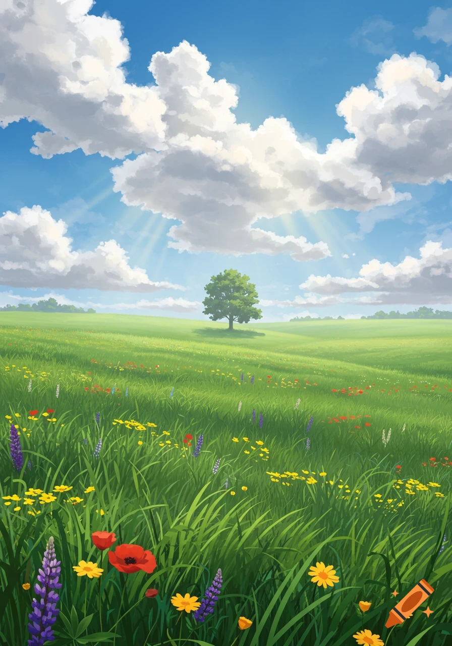 A lush green field filled with colorful wildflowers under a bright blue sky with fluffy white clouds and a lone tree in the distance.