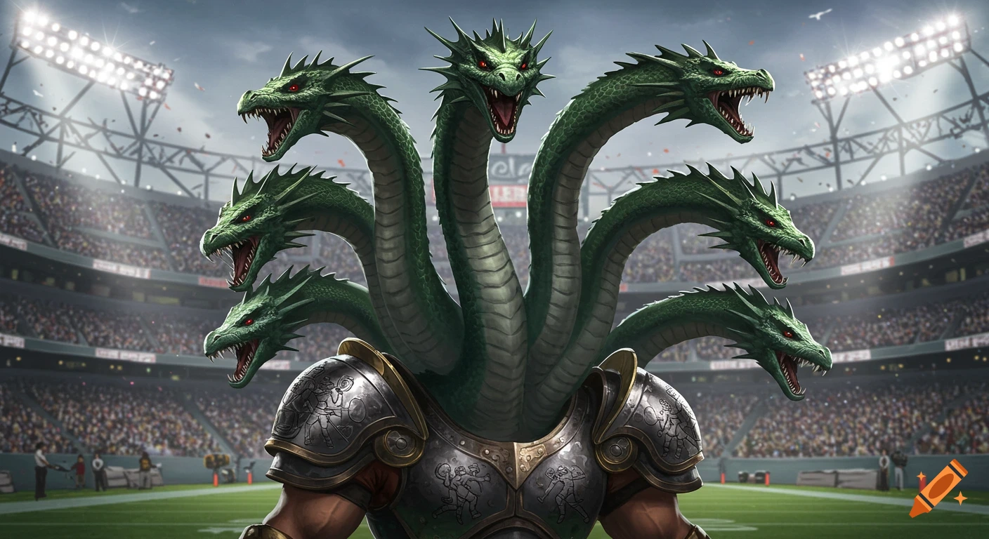 A green multi-headed hydra with armor and shoulder pads stands on a football field in a large stadium.