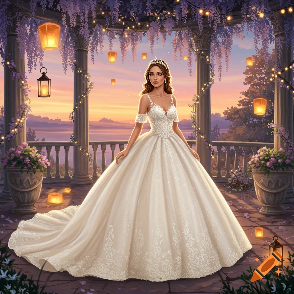 A woman in a white princess wedding dress stands in a wisteria-draped gazebo with lanterns at sunset.