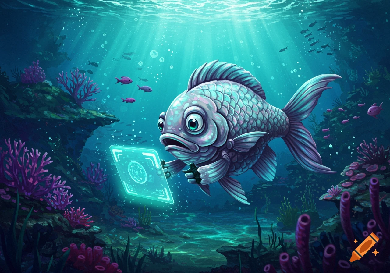 A cartoon fish with big eyes holds a glowing tablet underwater amidst coral and other fish.