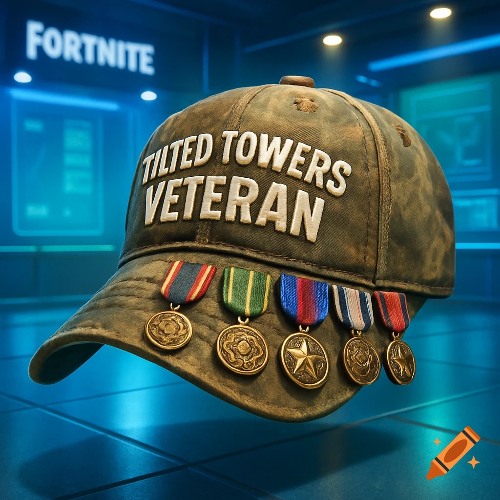 A photorealistic baseball cap with "TILTED TOWERS VETERAN" embroidered on it, adorned with medals, set in a Fortnite item shop background.