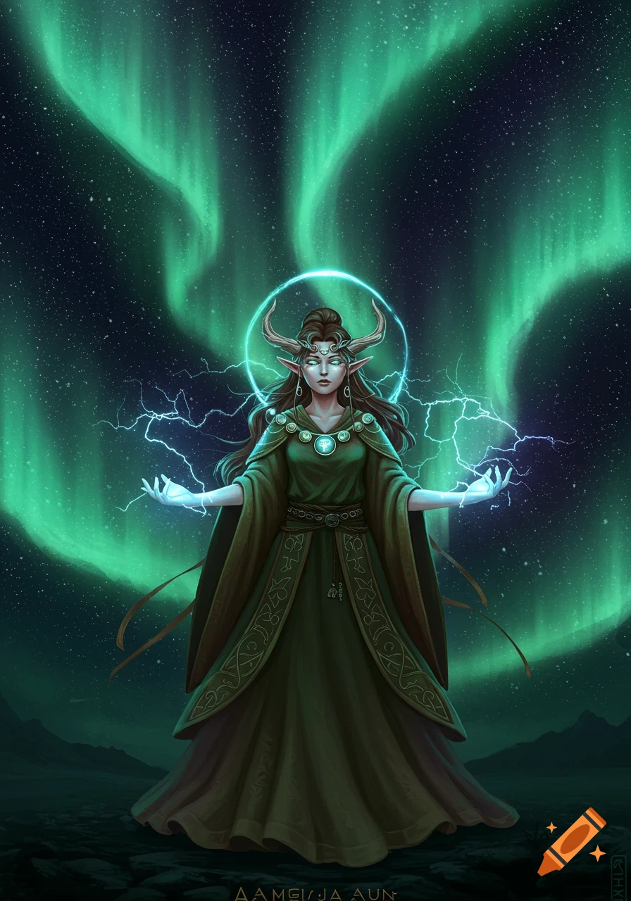 A fantasy woman with horns and glowing eyes casts magic under a vibrant green aurora.