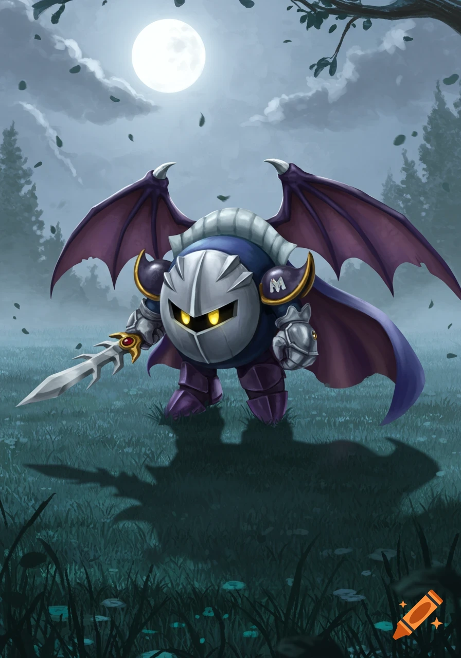 Meta Knight, a dark knight-like character with a silver mask and purple bat wings, stands in a moonlit forest clearing, holding a sword.