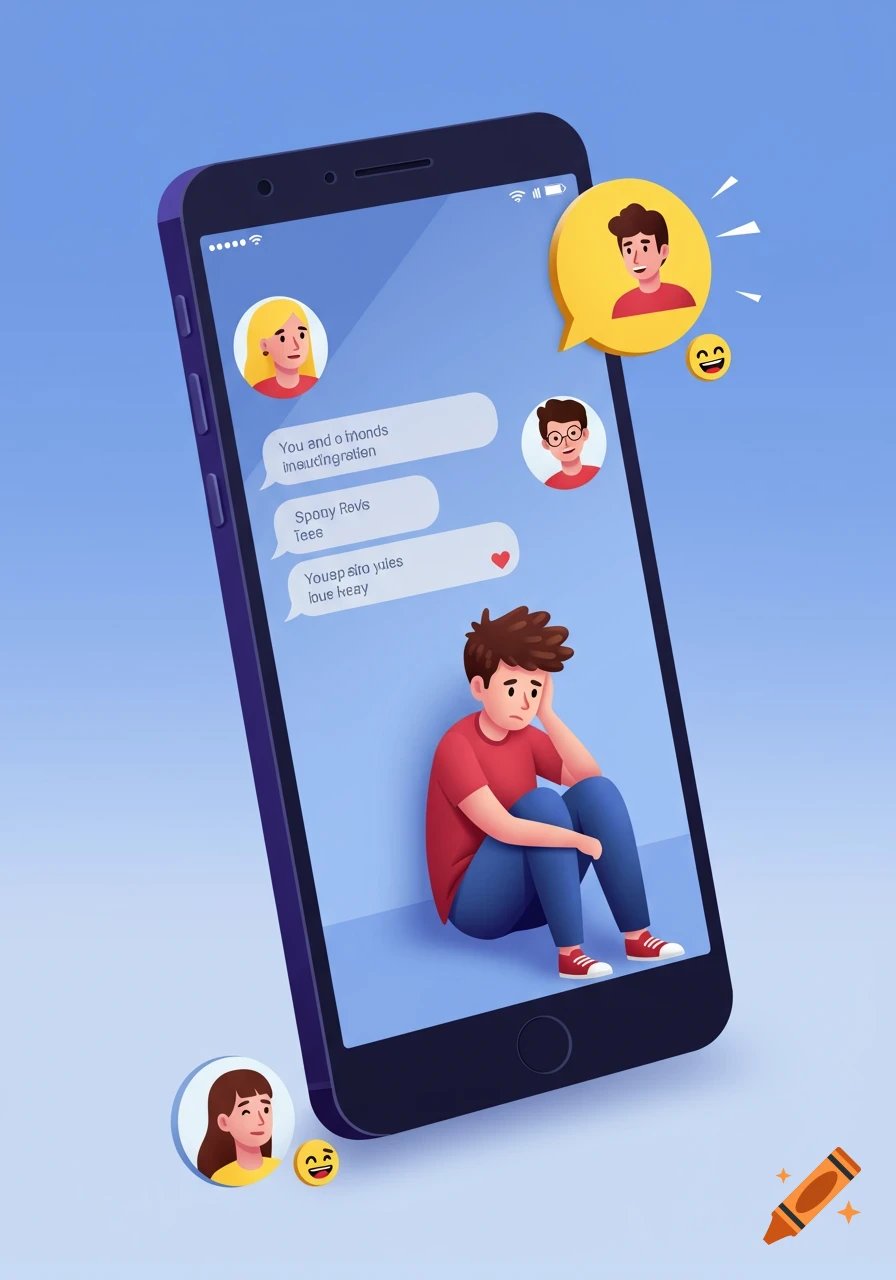 A cartoon illustration of a sad teenage boy sitting inside a smartphone, with garbled chat messages and profile pictures on the screen.