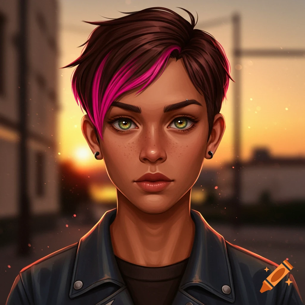 A stylized close-up portrait of a person with dark skin, short dark brown hair with pink streaks, and bright green eyes, wearing a dark jacket, set against a blurred sunset background.