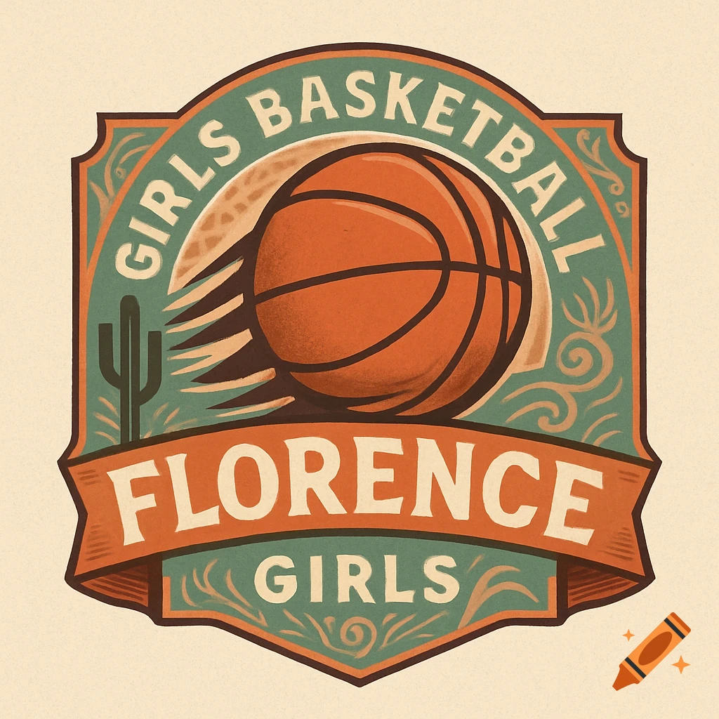 Vintage-style logo for a girls' basketball team, featuring a basketball, saguaro cactus, and text 'GIRLS BASKETBALL FLORENCE GIRLS'.
