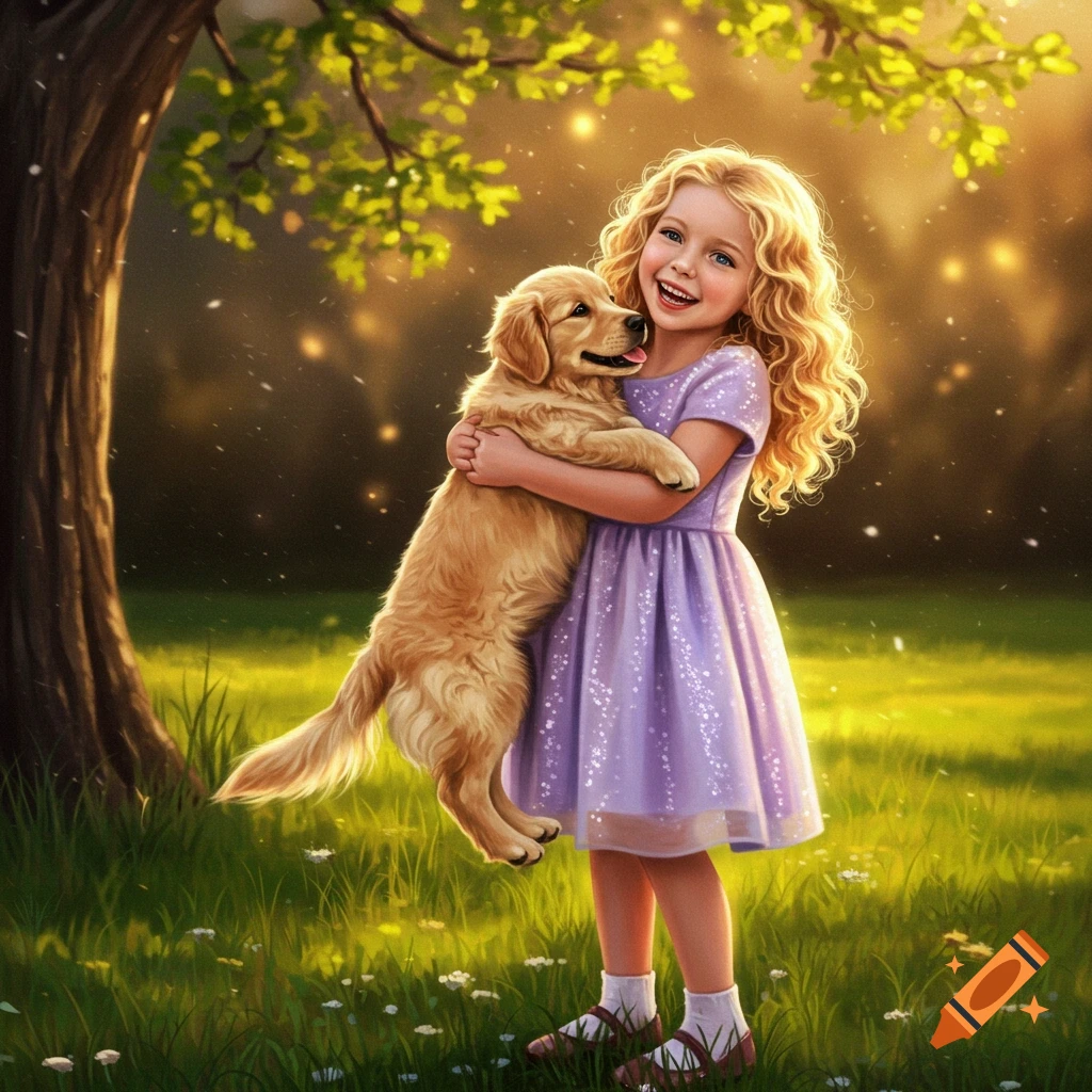 A happy young girl with blonde curly hair in a purple dress holds a golden retriever puppy in a sunny meadow.